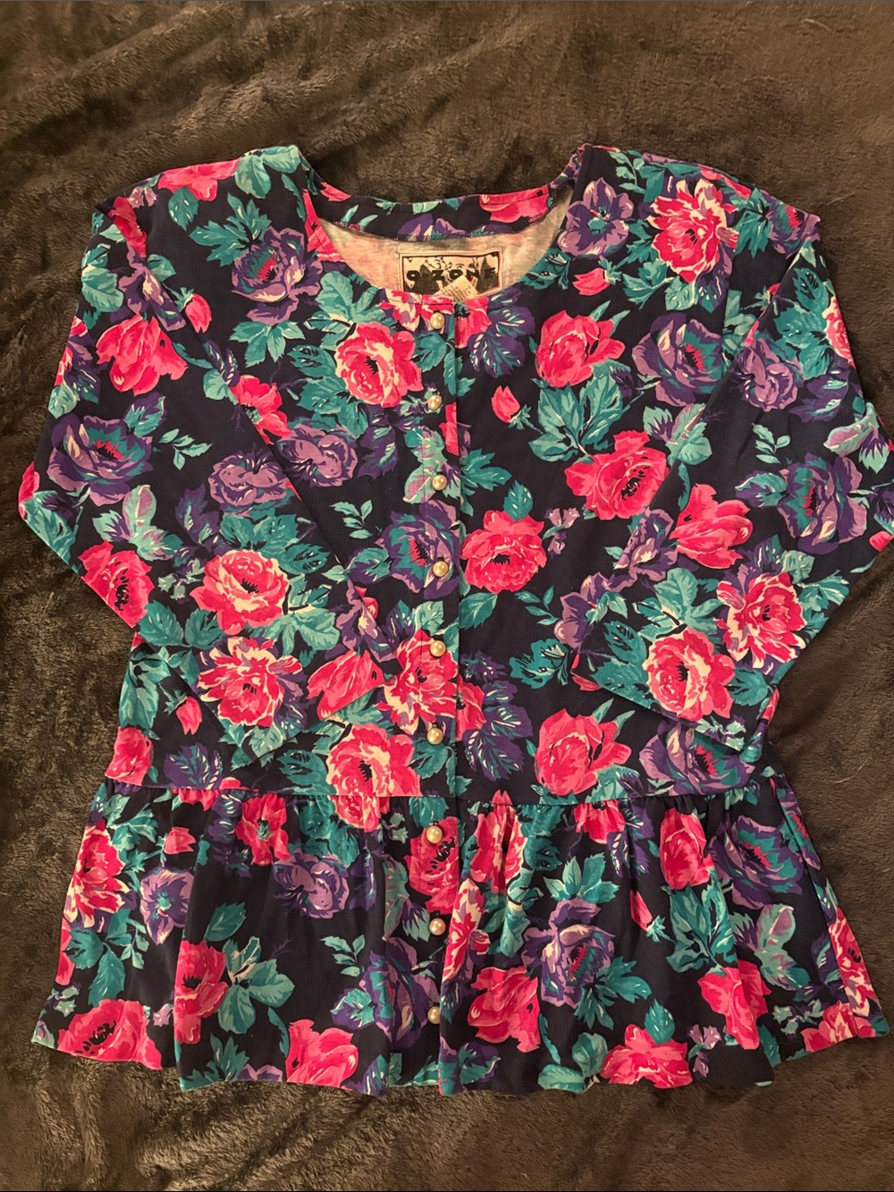 Vintage Women's Floral Button-Down Peplum Blouse in Navy with Pink & Teal Blooms